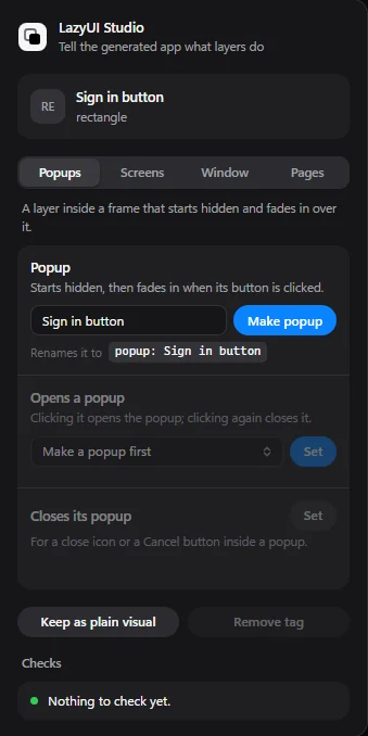 The Lazy UIs plugin panel