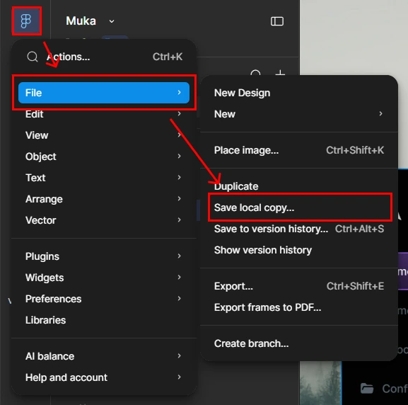 Figma's main menu with File, then Save local copy highlighted